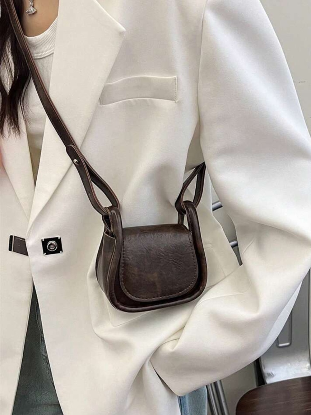 Dark Brown Leather Crossbody Saddle Bag